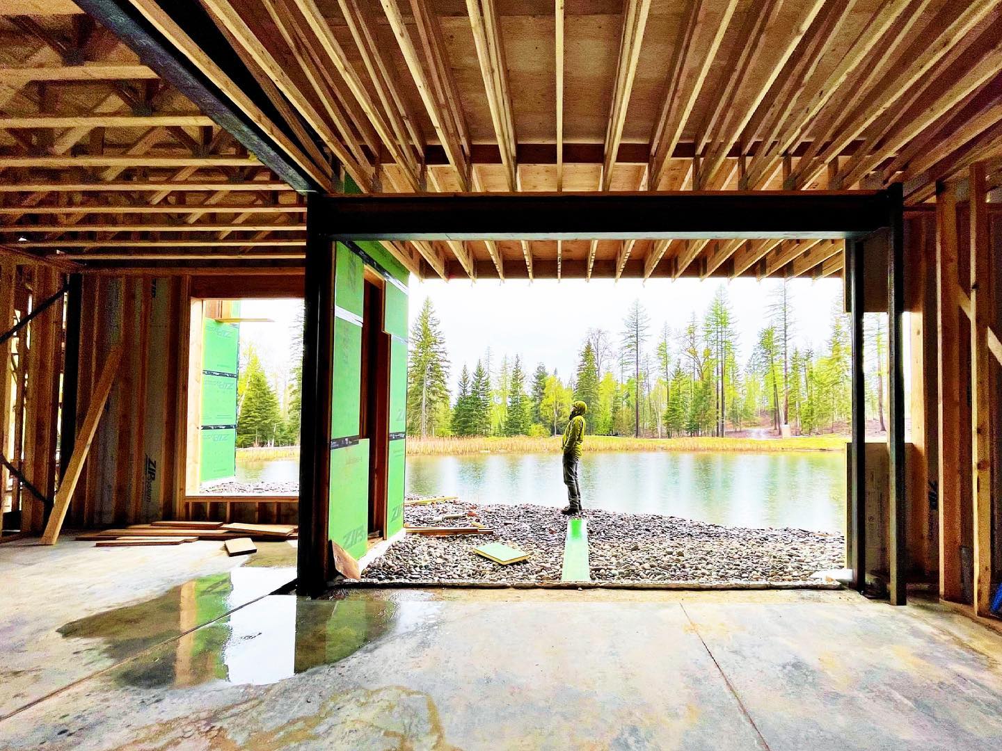 We could almost float out of this house today in this rain...but instead we are looking at how to set these massive windows. The project of the next 2 weeks! whitefish custom home builder
